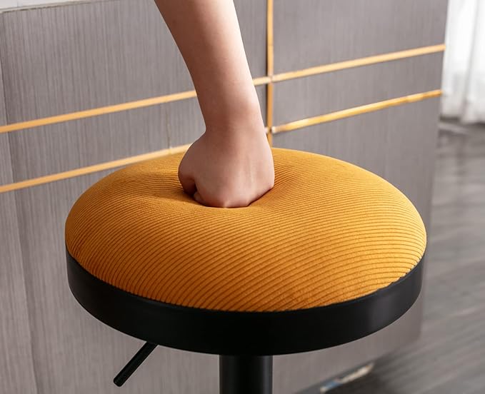Round Swivel Counter Height Bar Stools Set of 1 Modern Adjustable Barstools Backless Corduroy Bar Chairs Industrial Island Chairs with Metal Base/Footrest for Kitchen Island/Pub, Yellow