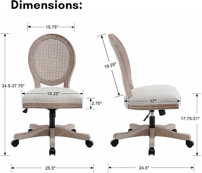 LukeAlon Rattan Back Linen Office Chair, Adjustable Height Swivel Task Chair with Wood Frame Armless Desk Chair with Wheels Upholstered Round Back Vanity Chair for Home Office Study Room, Beige