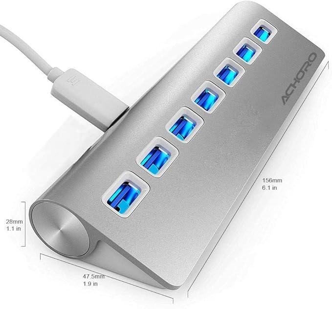 Achoro 7 Ports USB 3.0 Hub - Triangle Aluminum Alloy - High-Speed USB Port Expander - Compatible with PC, iMac, MacBook, Windows, Desktop, and More – Computer Multiple USB HUB (Silver)