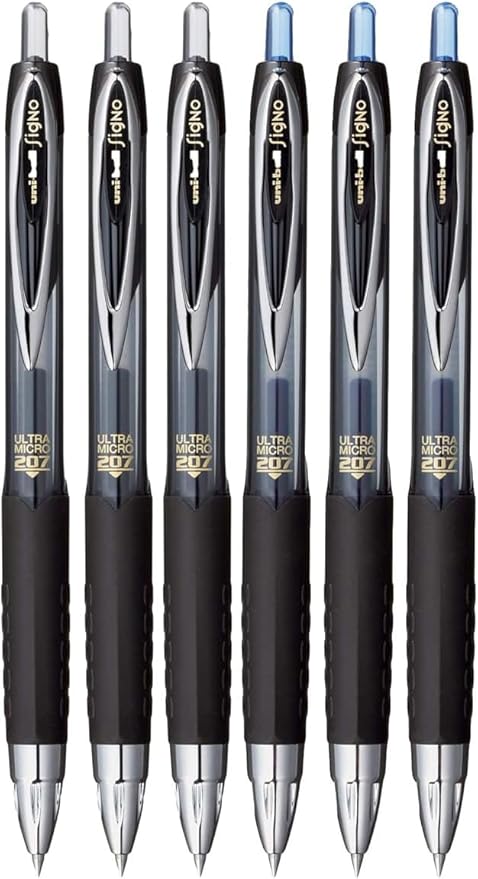 Signo 207 Roller Ball Retractable Gel Pens, Ultra Micro Point (0.38mm), Assorted colors Black And Blue Ink, 6 Count, Bundle with Plastic Reusable Pouch
