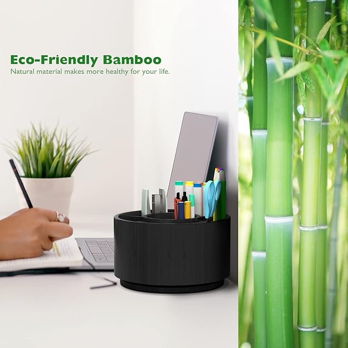 Bamboo Rotating Pencil Holder for Desk - Pen Holder Desk Organizer with 7 Compartments, Black Office Supplies Desktop Storage Caddy for Colored Pencils, Markers, Crayon, Comestics and Cutlery