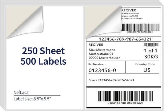 8.5" x 5.5" Half Page Self Adhesive Shipping Label, Compatible Laser & Inkjet Printers, White, 2 Labels Per Sheet(250 Sheet Total 500 Labels)
