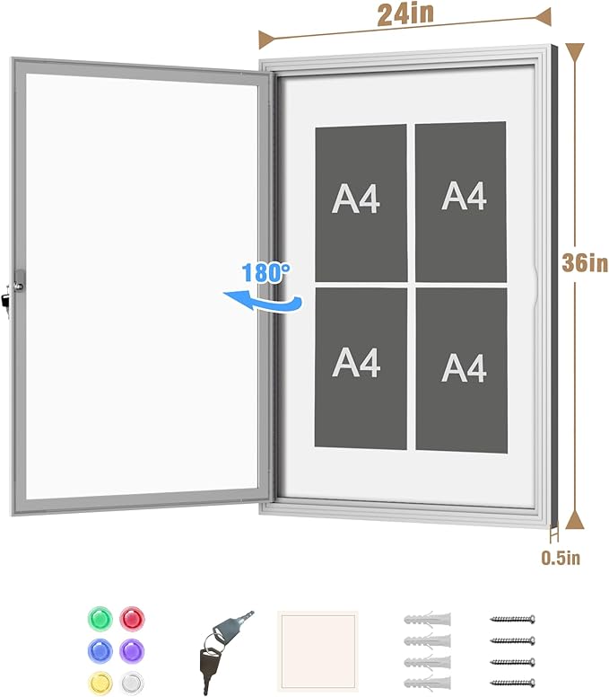 36"x24" Enclosed Bulletin Board, Outdoor Lockable Weather-Resistant Aluminum Noticeboard for School & Office, Silver Frame w/Magnetic Board