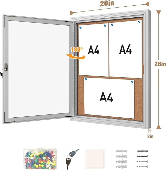 26"x20" Enclosed Bulletin Board, Outdoor Lockable Weather-Resistant Aluminum Cork Noticeboard for School & Office, Silver Frame w/Cork