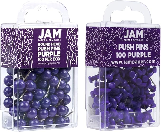 JAM PAPER Colorful Push Pins - Flat & Round Head Thumb Tack Combo Set - Purple Pushpins - 200/Pack