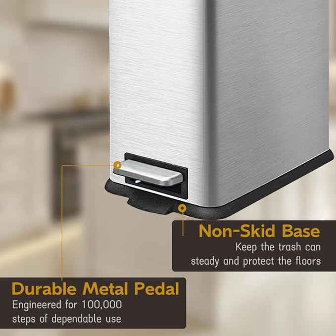 Bathroom Trash Can, 10 Liter / 2.6 Gallon Stainless Steel Garbage Can with Removable Inner Bucket, Soft Close Lid Step Trash Bin for Bedroom, Office, Kitchen, Brushed Silver