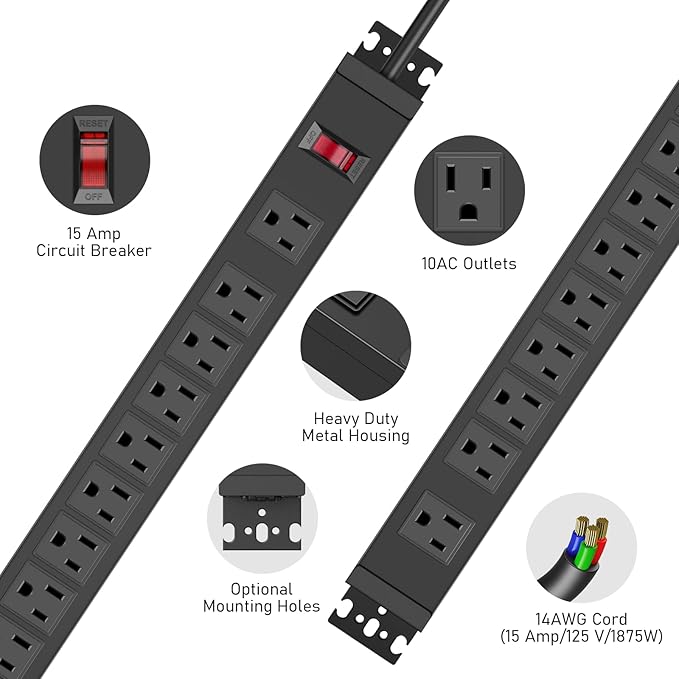 JUNNUJ Multi Angle Mount 10 Outlet Power Strip Heavy Duty, 2700J Surge Protector Under Desk with Switch 15A, Garage Workbench Power Strip Gaming Outlet Table Wall Mountable, 10FT 14AWG Extension Cord