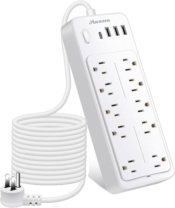 15 FT Power Strips with Surge Protection 1625W/13A,10 Outlets with 4 USB Ports (1 USB C) Long Extension Cord with Multiple Outlets 16Awag 1700J Flat Plug Power Strip Protector White,ETL Listed