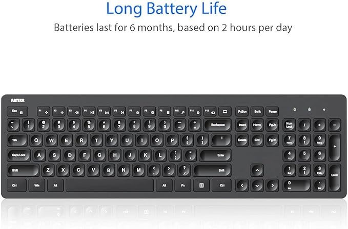 Arteck 2.4G Wireless Keyboard Ultra Slim Full Size Keyboard with Numeric Keypad and Media Hotkey for Computer/Desktop/PC/Laptop/Surface/Smart TV and Windows 11/10/ 8/7