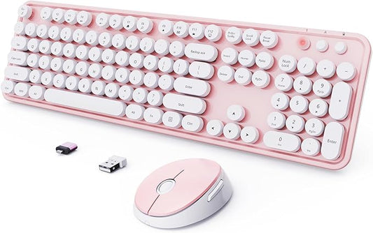 Wireless Keyboard and Mouse Combo, Ergonomic Full Size Typewriter Retro Round Keycaps Keyboard, Compatible with Windows, PC, Perfer for Home and Office Keyboards (Lovely Pink)