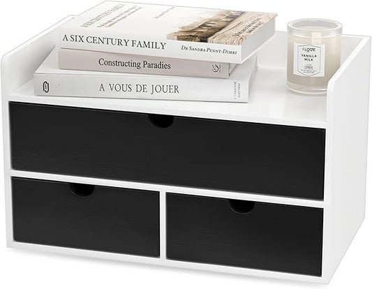 Wisuce Desk Organizer with Drawers - White-Black Bamboo Desktop Organizer Storage | Wood Desk Drawers Organizer for Bills, Office Supplies, Cosmetics, Seals No Assembled
