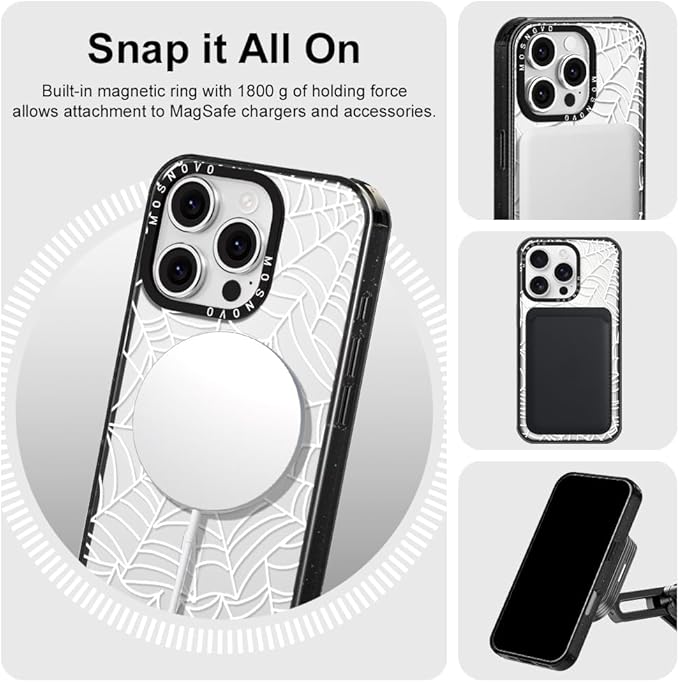 MOSNOVO Magnetic Case for iPhone 16 Pro, 10ft Military-Grade Protection, Compatible with Magsafe, Shockproof Phone Case for iPhone 16 Pro - Spider Web - Clear Black
