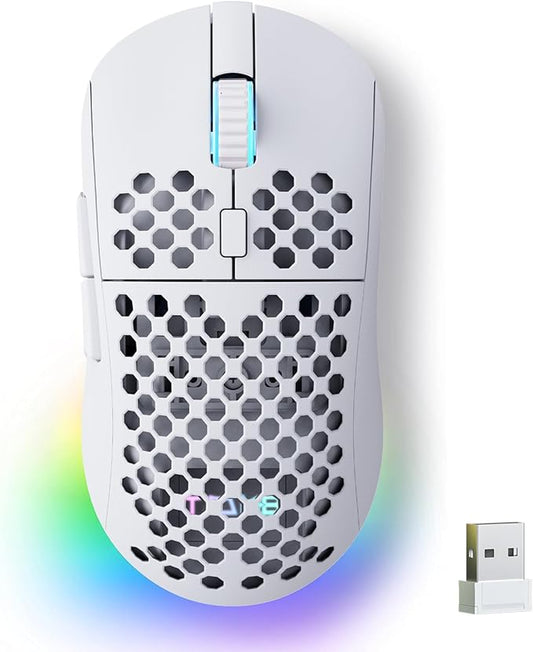 TMKB Falcon M1 Wireless Gaming Mouse, 24000DPI Optical Sensor, 180Hrs Battery, Lightweight, 6 Programmable Buttons, RGB Strip, 2.4G/BT5.2/USB-C Wired for PC/Mac/Laptop - Matte White