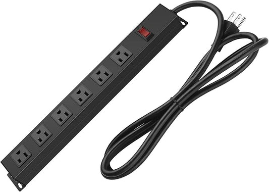 Metal Wall Mount Power Strip, Mountable Power Outlet with 6 AC Outlets, Aluminum Alloy Mount Power Socket with Switch, 15 FT SJT 3/C 14AWG Power Cord, 15A 125V 1875W (6AC) Black