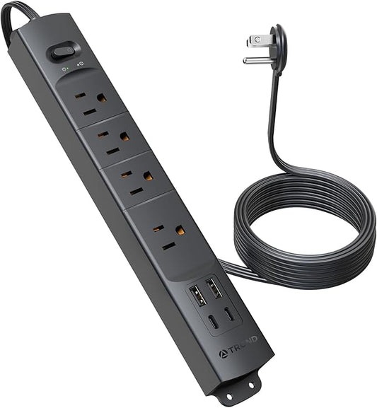 TROND Flat Plug Power Strip USB-10ft Flat Extension Cord Surge Protector Wall Mount, 2 USB C & 2 USB A Ports with Multiple Outlets, 1440J, 1625W for Office Supplies Dorm Room Essentials, Black