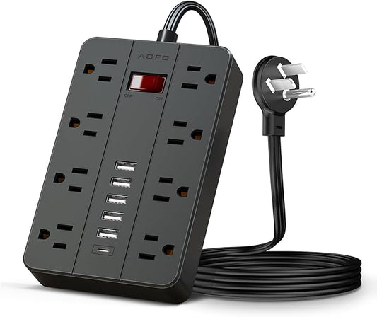 Surge Protector Flat Extension Cord Flat Plug Power Strip, AOFO 8 Widely Spaced Outlets and 6 USB Charger(1 USB C Port), 5 Ft, for Travel, Office, School, Dorm Room Essentials, Black