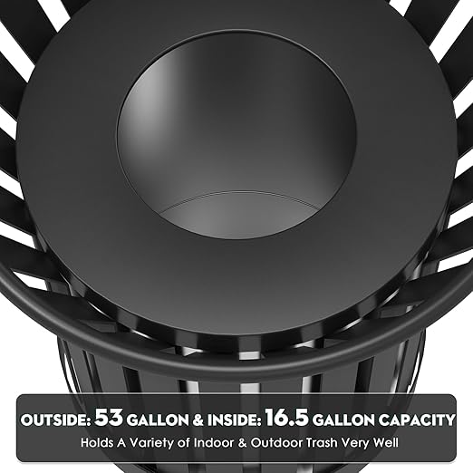 27.6IN Round Large Outdoor Trash Can, Heavy Duty Metal Slatted Garbage Can Outdoor, All Weather Resistant Commercial Garbage Cans, Waste Receptacle in Park, School, Beach, Patio Black