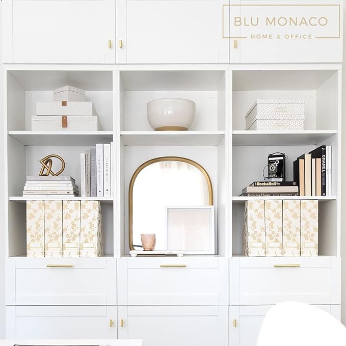 BLU MONACO Decorative Foldable Magazine Storage Boxes for Desk – Set of 4 with Gold Floral Pattern & Gold Label Holder – Ideal for Book Organization & Vertical File Storage