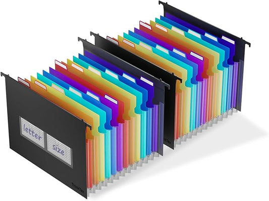 ThinkTex Plastic Expanding Hanging File Folders,12 Accordion Pockets,Large Capacity for Letter Size, Organizer for Filing Cabinet,Ideal for Tax,Contracts,Invoices,for Office,School-black-2set