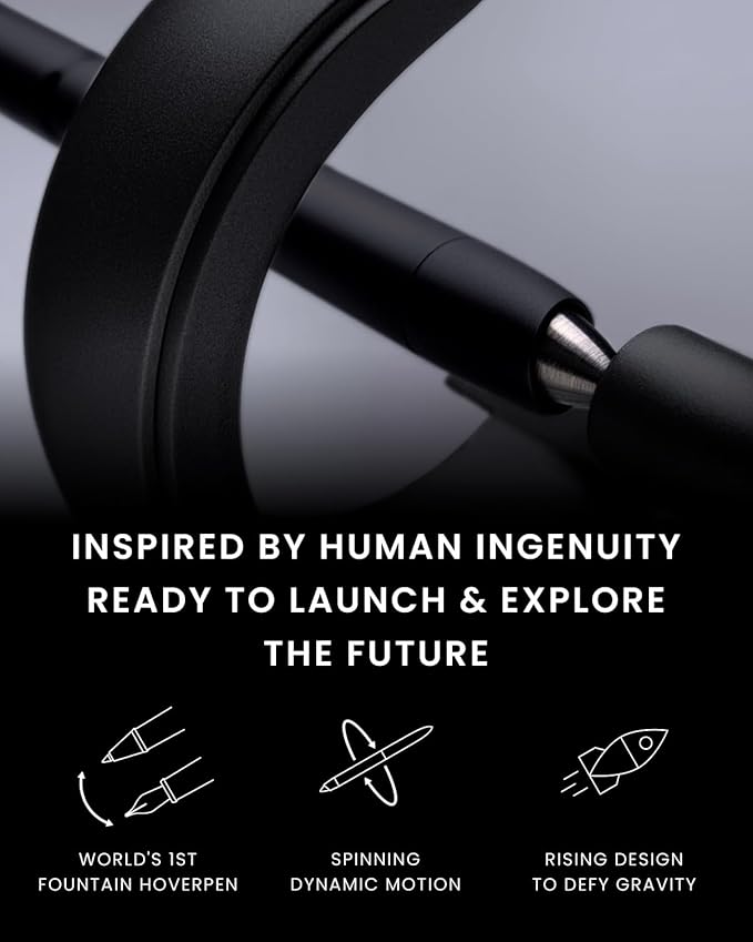 novium Hoverpen Future Edition - Luxury Fountain Pen & Rollerball Pen All-In Gift Box, Fine Nib, Futuristic Aesthetic, Aerospace Metal Made, Free Spinning Executive Pen, Gifts for Boss (Deep Black)