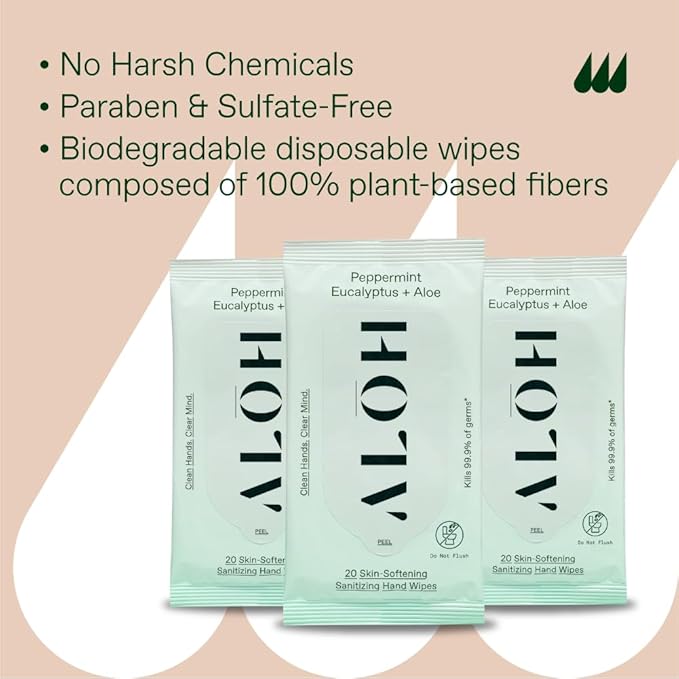 ALŌH Peppermint Eucalyptus + Aloe Sanitizing Hand Wipes - Clean Hands, Clear Mind On The Go Sanitizer for Kids and Adults - Travel Size 3 Pack 20ct Wipes (60 Wipes)