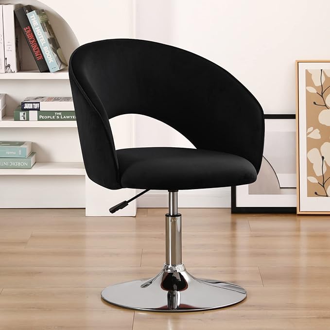Furnimart Adjustable Black Vanity Chair with Back, Velvet Makeup Chair Swivel Accent Chair with Chrome Frame Hollow Backrest, Side Chair for Living Room, Makeup Room, Bedroom (Black)
