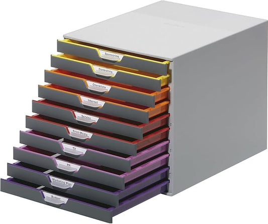 Durable Varicolor 10 Drawer Unit - Gray Desktop Drawer Set with 10 Color Coded Draws - Letter to Folio Size Files - Perfect for Storing Documents and Paper Work