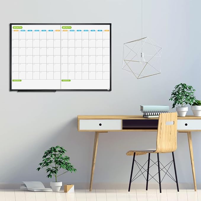 JILoffice Magnetic Dry Erase Calendar Whiteboard, 2 Month White Board Planner 36 X 24 Inch, Black Aluminum Frame Wall Mounted Board for Office Home and School