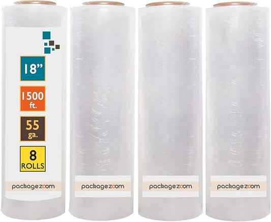 8 Rolls 18" x 1500 Ft Stretch Wrap Heavy Duty, Industrial Strength Shrink Wrap, 55 Gauge High Performance Stretch Film Replaces 80 Gauge Low Films, Clear Hand Stretch Wrap