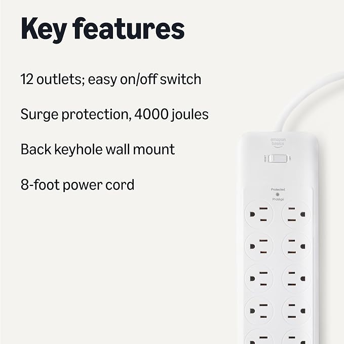 Amazon Basics Surge Protector Power Strip, 12-Outlet, 4000 Joules, 8ft Extension Cord, Rectangle, for Home, Office, Gaming Room, White