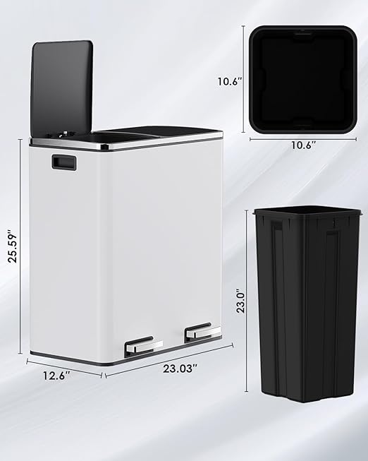 Arlopu 16 GallonStainless Steel Trash Can, 60L Dual Compartment, Metal Kitchen Step Recycle Bin, Metal Double Dustbin, in-Home Garbage Rubbish Can W/Removable Liner Buckets (White)