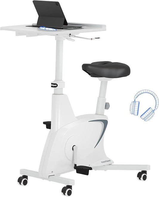 FLEXISPOT 3-in-1 Small Standing Desk Adjustable Height Movable Rolling Desks Laptop Desks Workstation with Integrated Pedal Exerciser Wide Seat, Desk for Home Office Corner Small Space, White