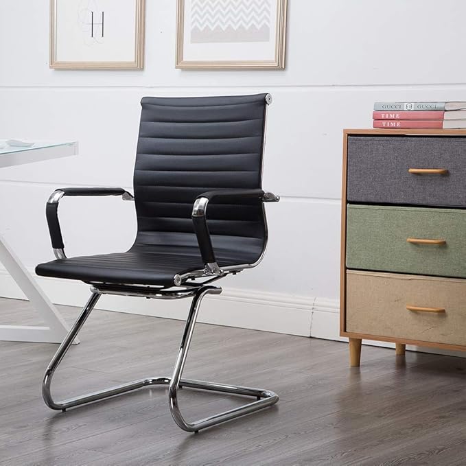 Reception Chairs No Wheels Leather Conference Chair Heavy Duty Back Support Office Guest Chair, Set of 2 (Black)