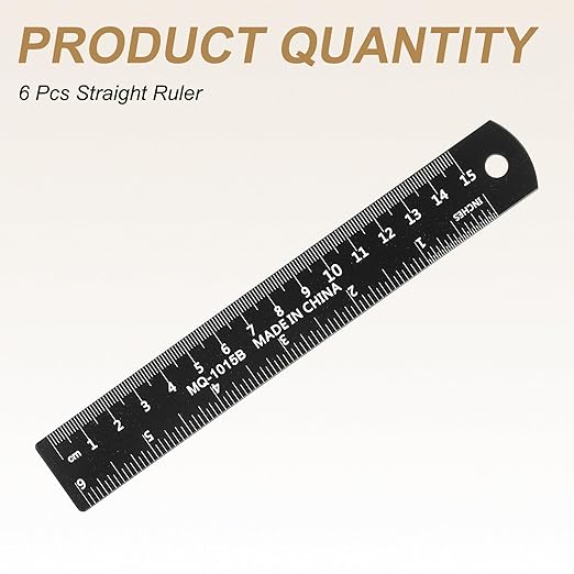 HARFINGTON 6pcs Metal Straight Ruler 15cm Metric SAE Aluminum Alloy Measuring Rulers Scale Tool with Hole for Measure Study Reading Classroom Office, Black