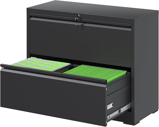 File Cabinets 2 Drawer,Metal Office Storage Filing Cabinet with Lock,Black Lateral Filing Cabinet for Home Office,Horizontal 2-Drawer File Cabinets for Legal/Letter/A4,Assembly Require,Black