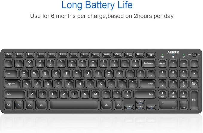 Arteck 2.4G Wireless Keyboard Ultra Slim Full Size Keyboard with Numeric Keypad and Media Hotkey for Computer/Desktop/PC/Laptop/Surface/Smart TV and Windows 10/8/ 7 Built-in Rechargeable Battery
