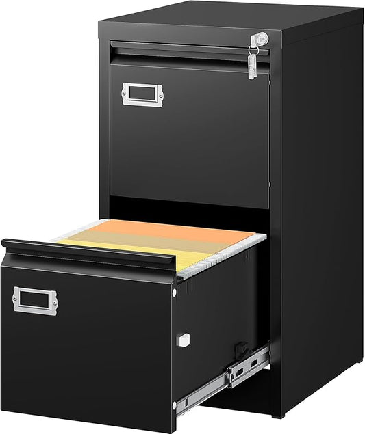 SISESOL 2 Drawer File Cabinet with Lock,Narrow Vertical Filing Cabinet,Under Desk File Cabinets,Black Metal File Cabinets for Home Office,Fit Letter Size,Files Folder,Easy Assemble