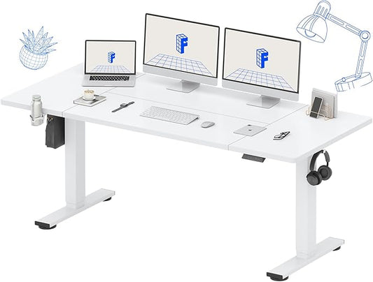 FLEXISPOT 71 x 32 Inch Large Standing Desk, Stand Up Desk with Splice Board, Rising Desks for Home Office, Office Desk with Cup Holder and Headphone Hook (White Frame + White Top, 2 Packages)