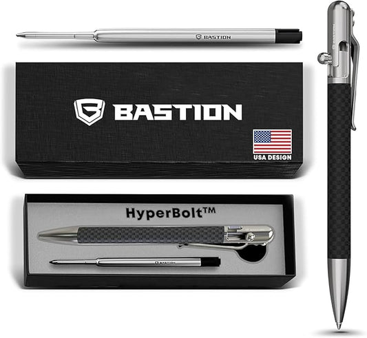 BASTION® Luxury Slim Bolt Action Pen, EDC Pen with Fine Tip, Professional Ballpoint Pen for School and Work - Carbon Fiber-Stainless Steel