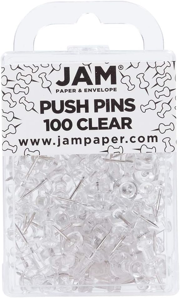 JAM PAPER Colorful Push Pins - Clear PushPins - 100/Pack