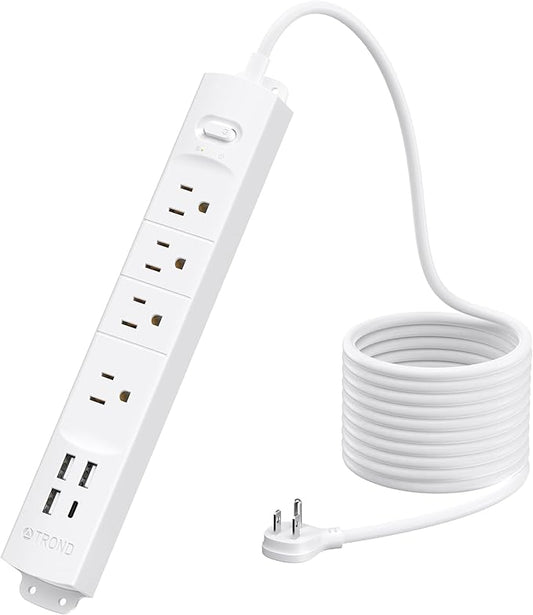 TROND Surge Protector Power Strip with USB, Ultra Thin Flat Plug 10ft Long Extension Cord 1625W, 3 USB A & 1 Type C, 4 AC Outlets 1440J Surge Protection Wall Mount for Home Office Dorm Room, White