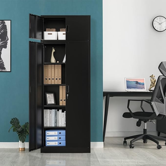 BESFUR Metal Storage Cabinet 87" H，Black Locking Storage Cabinets with Top Cabinet and 4 Adjustable Shelves for Home Office, Garage,School, Apartment, Warehouse, Utility Room