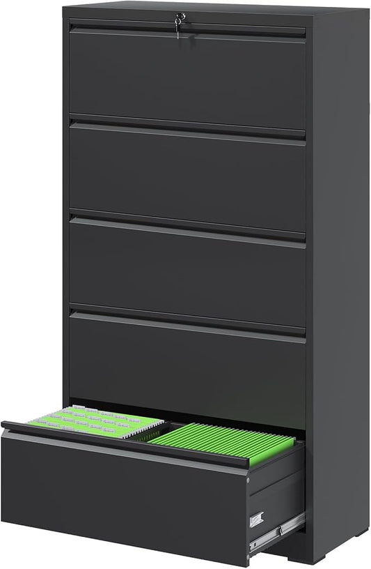 File Cabinets 5 Drawer,Metal Office Storage Filing Cabinet with Lock,Black Lateral Filing Cabinet for Home Office,Horizontal Locking File Cabinets for Legal/Letter/A4,Assembly Require,Black