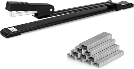 Deli Long Reach Stapler with 1000 Staples, 20 Sheet Capacity, Long Arm Standard Staplers for Booklet or Book Binding, Black