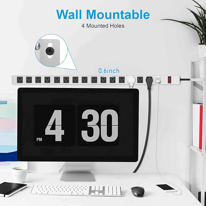 JUNNUJ Metal 16 Outlet Power Strip, Mountable Heavy Duty Power Strip, 1200J Surge Protector Wall Mount Screws Outlet with Switch, Gaming Desk Strips Wide Spaced 15A 125V 1875W, 6 FT 14AWG Power Cord