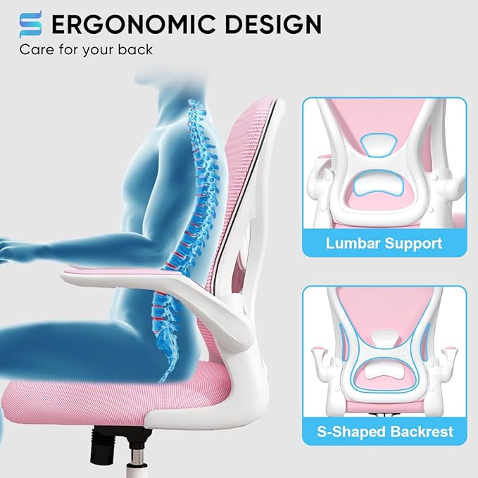 Sytas Ergonomic Desk Chair with Padded Flip up Arms and Supportive Lumbar Support, Breathable Mesh Home Office Chair with Comfortable Cushion for Home or Office(Pink)