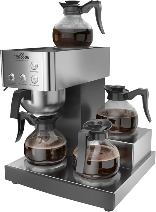 crosson 12 Cup Commercial Coffee Brewer with 4 Warmers & 4 Glass Decanter,Pour Over Drip Coffee Maker with Stainless Steel Housing and 304 SS Funnel