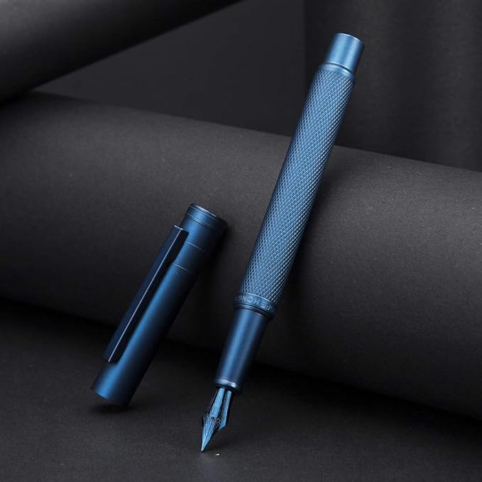 Asvine Dark Blue Fude Pen, Bent Nib Calligraphy Fountain Pen (Fine to Broad) with Converter and Metal Pen Case Set