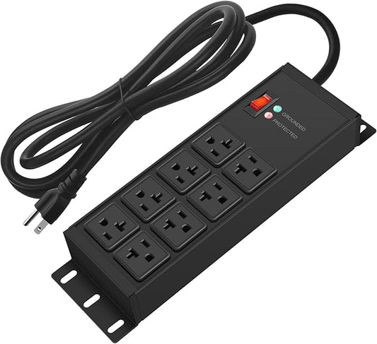 CCCEI Black Heavy Duty Power Strip Surge Protector 20 AMP, 8 Outlets 12 Gauge Industrial Shop Garage Metal Multiple Outlets, 12 FT Extension Cord 5-15P Adapter High Amp 6-20R T-Slot 20a for Appliance