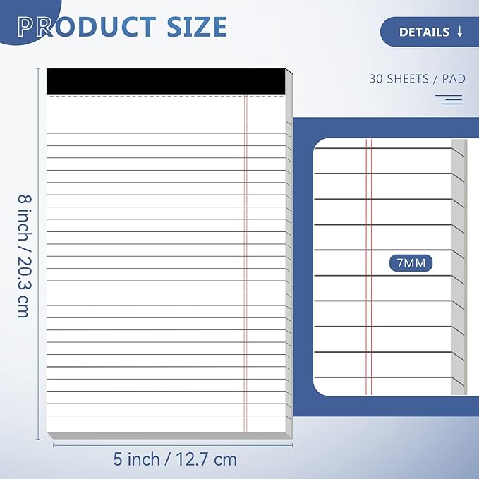 5" x 8" Note Pads 6 Pack of Legal Pads 30 Sheets Notepad College Ruled Small Writing Pads Perforated Pages Paper Pads 80GSM Heavyweight Paper Note Pads for Home, Office, or School